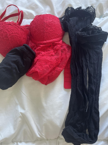 Feines Rotes spitzen Dessous, mit strümpfen